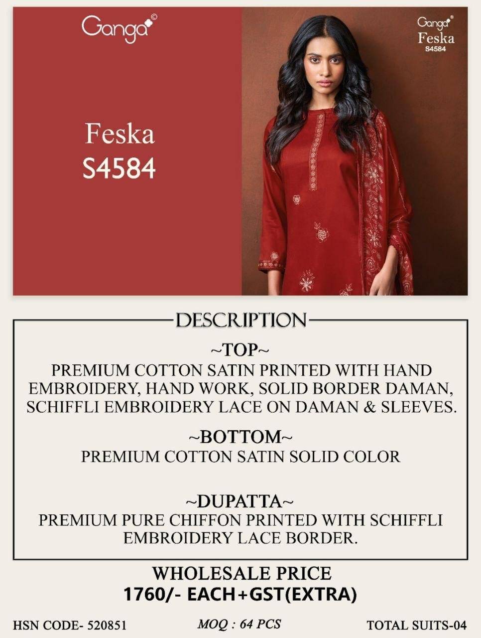 FESKA 4584 by Ganga Fashion 4584A To 4584D Series Beautiful Fancy Stylish Colourful casual wear PREMIUM COTTON SATIN Dresses At Wholesale Price